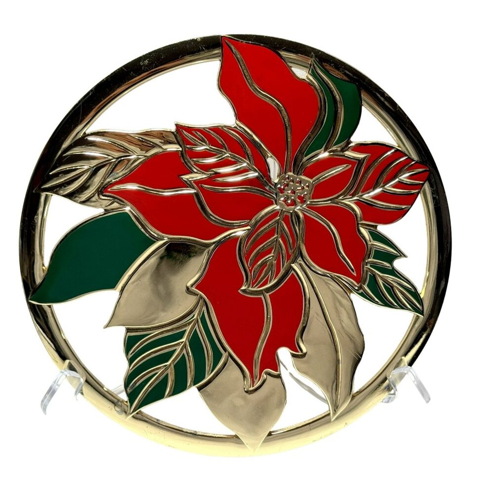 Vintage Brass Poinsettia Trivet Wall Hanging Holiday Colors Polished Gold Finish
